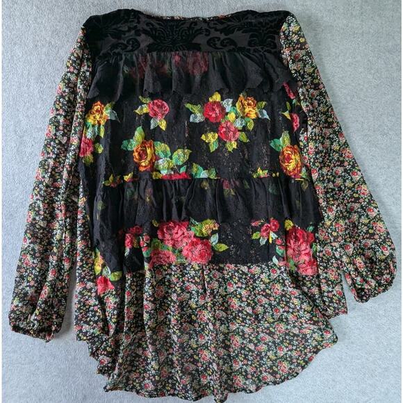 IVY JANES Top Large Boho Busy Floral Burnout High Lo Peasant Chiffon Ruffle Lace - Picture 5 of 11